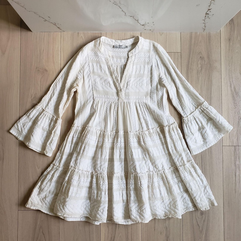 Devotion Twins Dress Womens XS White Jacquard Boho V Neck Bell Sleeve Tiered